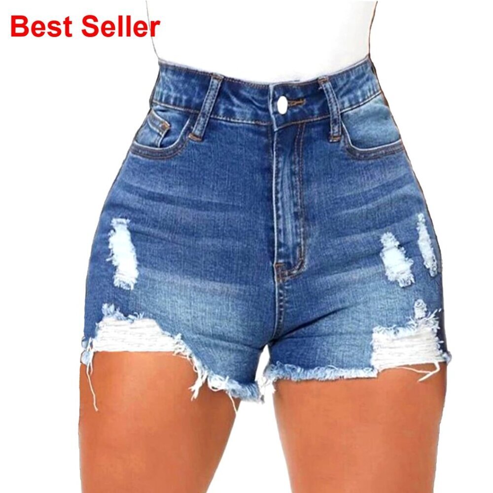 High Waisted Skinny Stretchy Denim Shorts Frayed Raw Hem Distressed